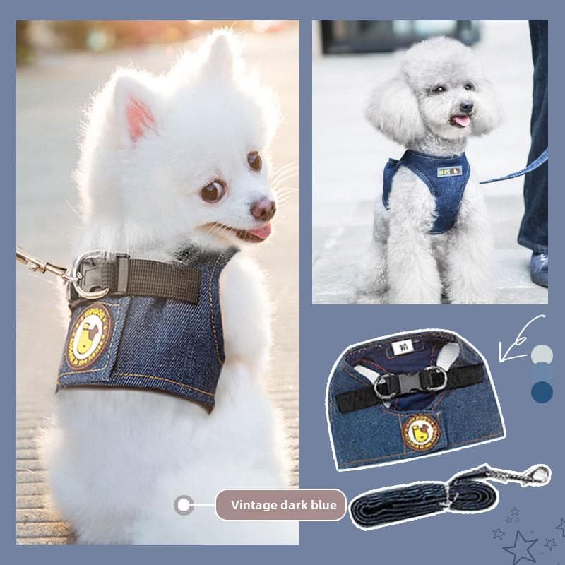 Vest Type Dog Denim Leash Pet Leash Walking Dog Rope Dog Chain Teddy Chest Back Autumn and Winter Supplies XL blue