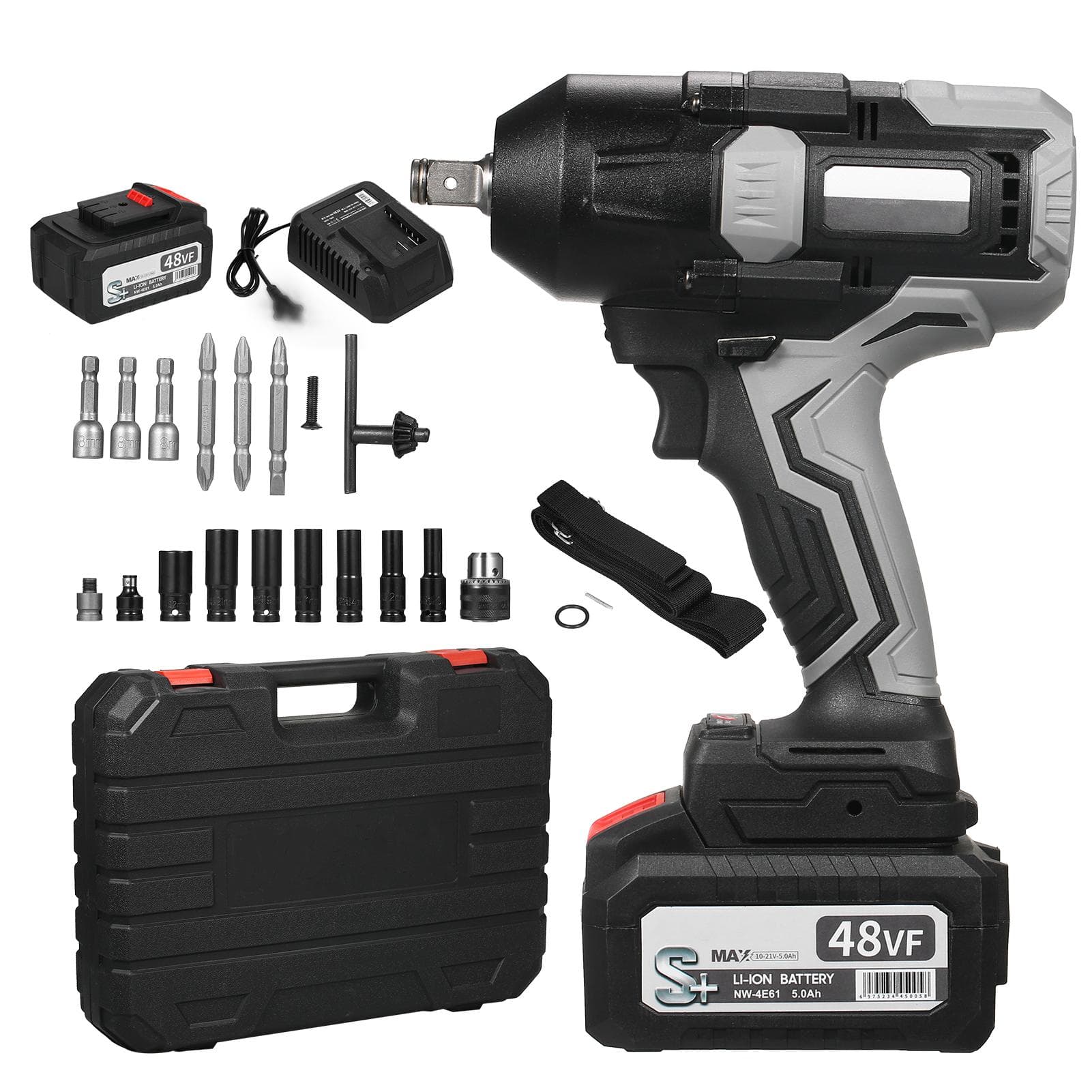 48VF Lithium Battery Brushless Impact Wrench with 1080NM High Torque Power Impact Wrench Set UK Plug & 2 Batteries black gray