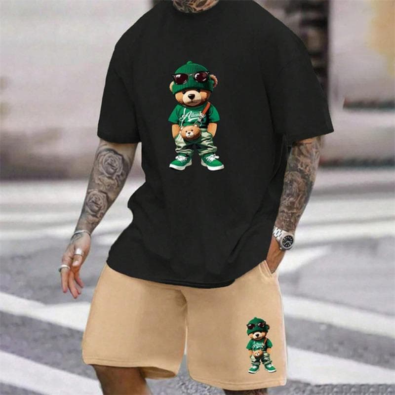 2025 Fun Bear Harajuku T-Shirt Men's Summer Loose Daily Couple Suit Outdoor Street Short Sleeve Shorts Two Piece Men Summer Suit XL