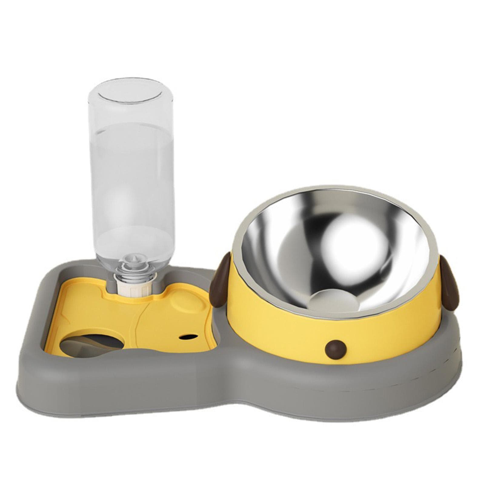 Pet Water Food Bowl Set Prevent Overturning Double Dog Cat Bowls with Automatic Waterer Bottle for yellow