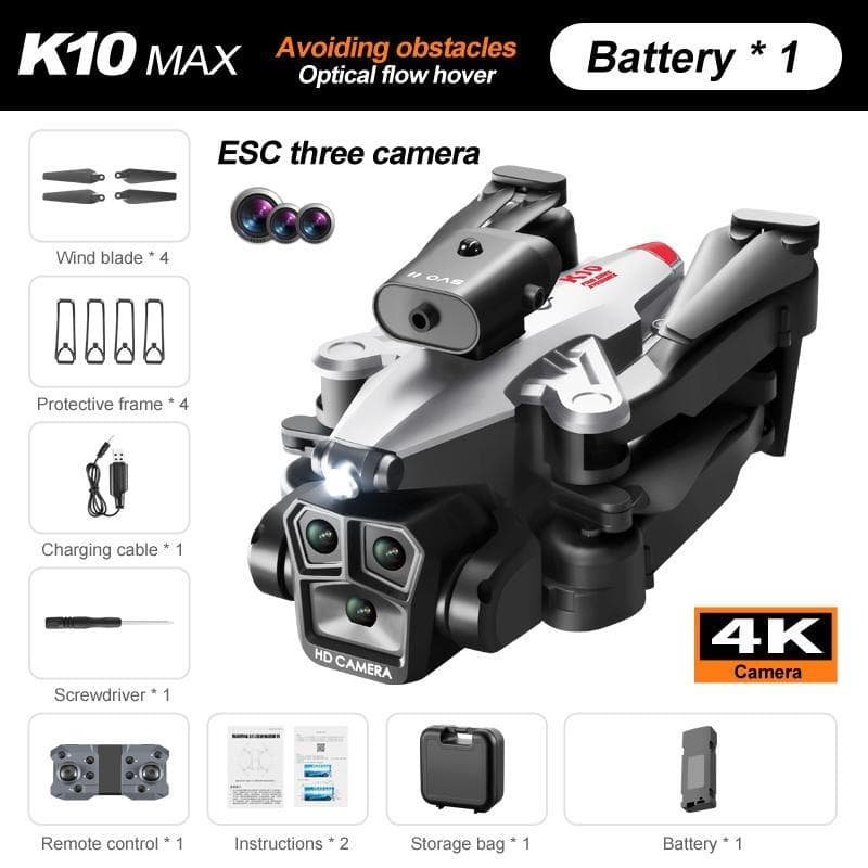 New K10Max Mini Drone 8K Professional Three-camera Wide-angle Four-way Obstacle Avoidance Remote Control Quadcopter ECS Toy Airplane 5000M 1 battery silver