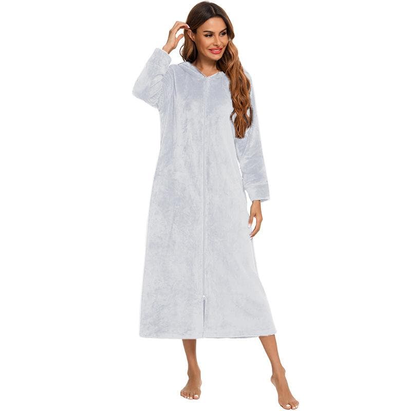 Women's Zip Up Plush Fleece Robe Hooded Warm Long Bathrobe Dressing Gown Winter Cozy Zipper Lounger Sleepwear Housecoat Loungewear Nightgown S light grey