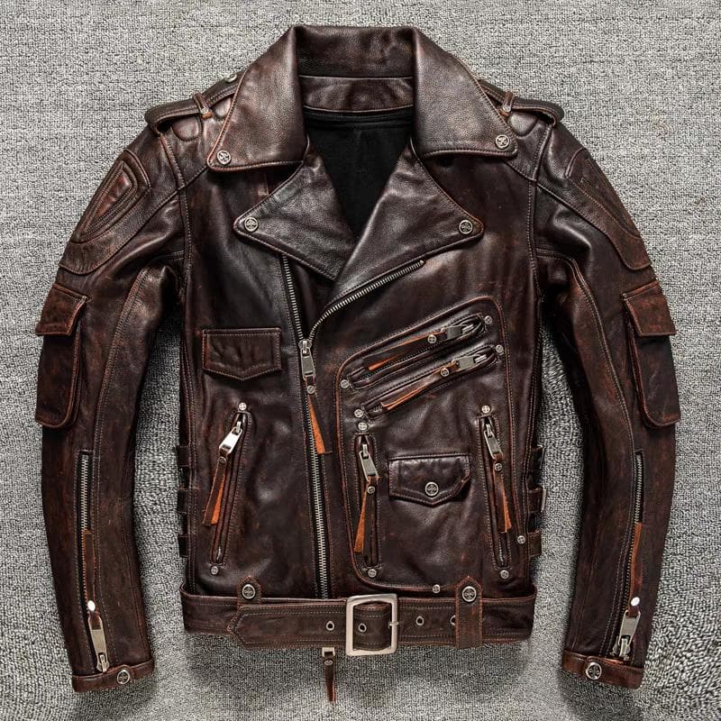 Top Layer Cowhide Leather Jacket Retro Brown Calfskin Motorcycle Suit Men 'S Slim Heavy Industry Leather Motorcycle Riding Jacket XL brown