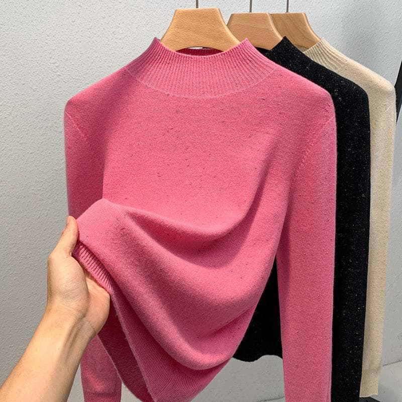 Knitted Sweater Women's New Women's Clothing Semi-turtleneck Sweater Warm Inside with Solid Color Waist Top 3XL rose red