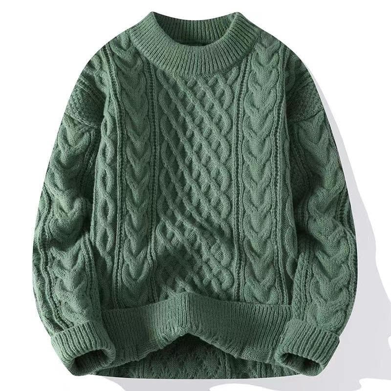 Men's Thick Cable Knit Sweater - Casual, Mature, Solid Color Pullover for Autumn and Winter Large green