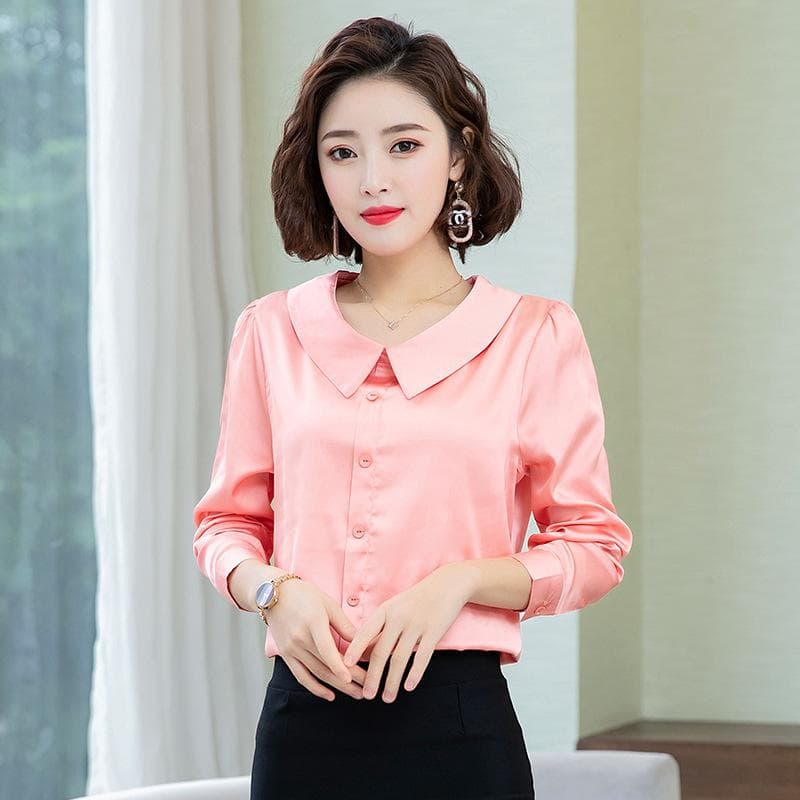 New Autumn Doll Collar Satin Long-sleeved Shirt for Women Red Versatile Fashionable Top Shirt 3XL