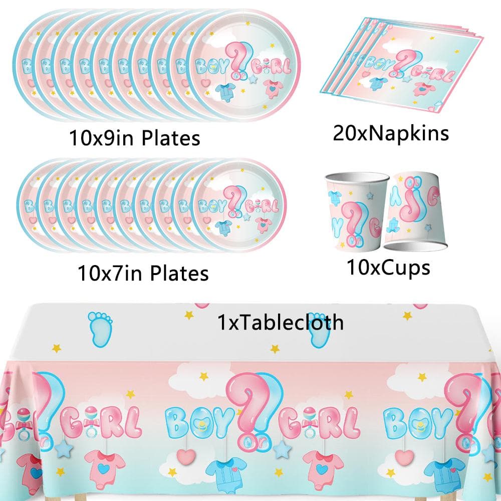 51 Pcs Baby Gender Reveal Party Supplies with Plates, Cups, Napkins, Tablecloth
