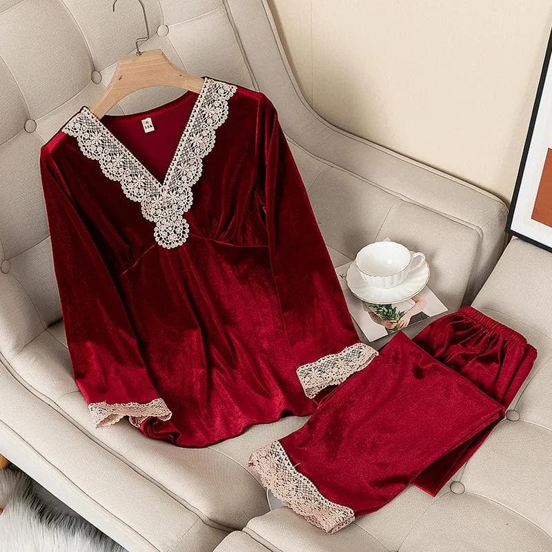 Velvet Pajamas Women Autumn Winter Sleepwear Long Sleeve Casual Nightwear Pyjamas Suit Loose Home Clothes Lace Trim Sleep Set L