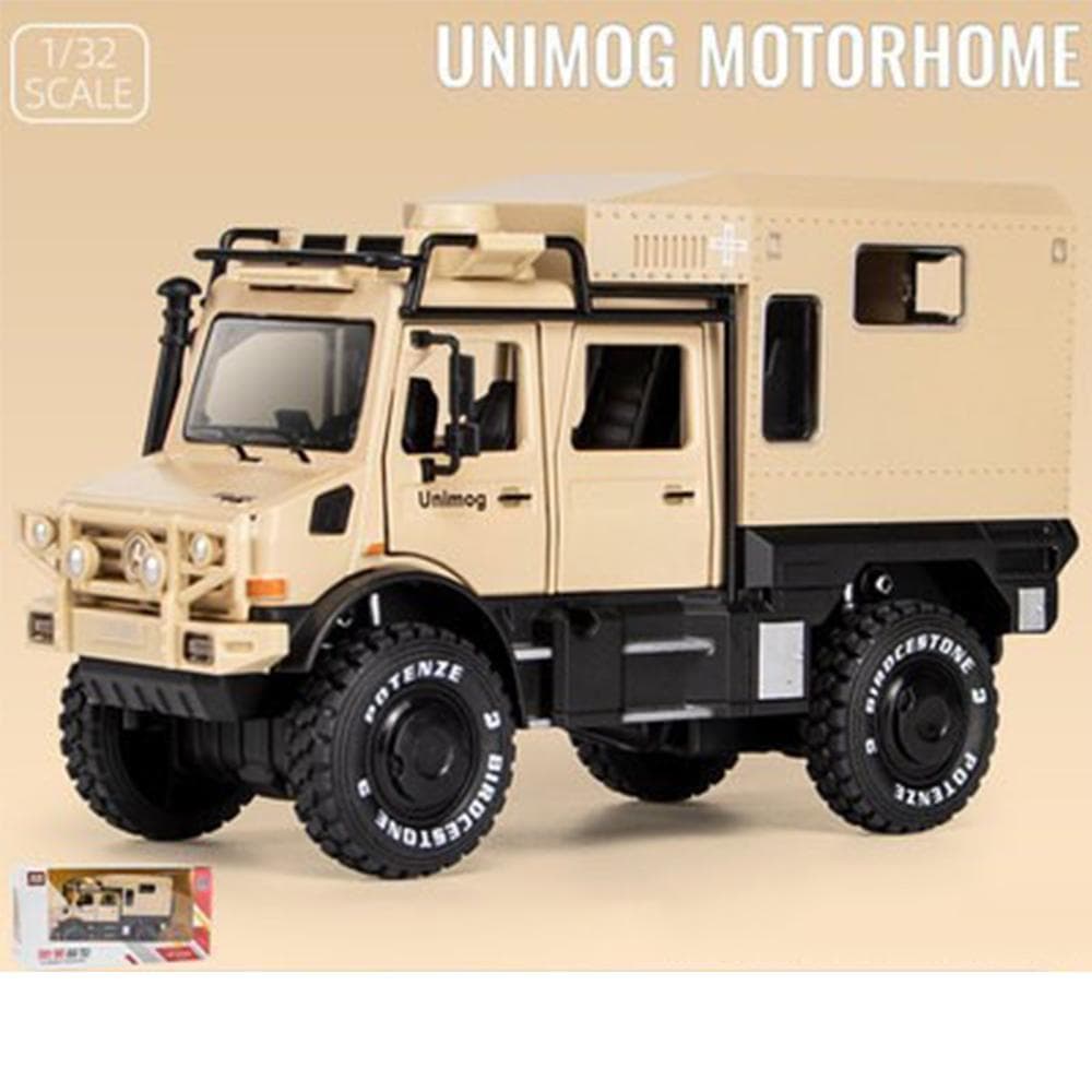 1/32 Scale Benz Unimog Alloy Model Car with Sound and Light, Pull Back Car Model for Kids Toys Party Gifts Collectible 1/32-Size:18.8*6.7*10.5cm khaki