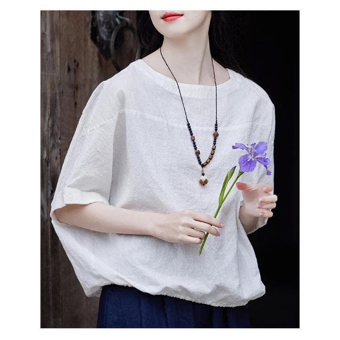Mid-sleeved T-shirt for Women's Summer New Mother-wearing Round Neck Cotton and Linen Top Temperament Small Shirt Chinese Style Tea Clothes 4XL white