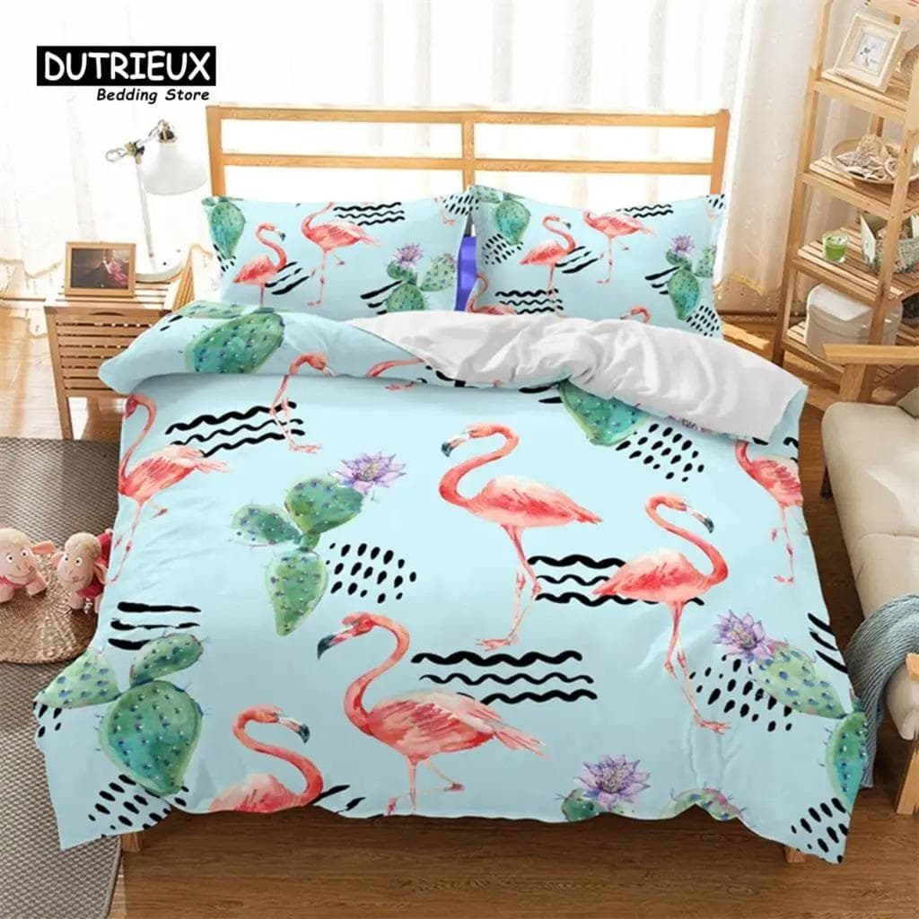 Soft Flamingo 3D Print Bedding Set Fresh Style Cartoon Animals Green Leaves Tropical Fruit Floral D 70x133cm 2pcs