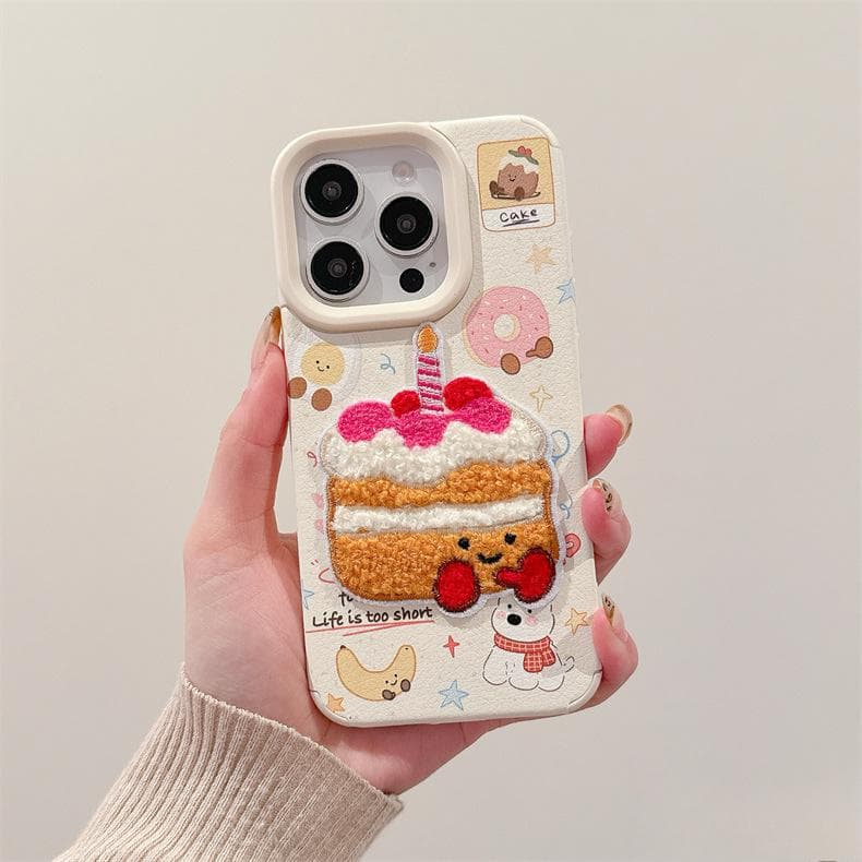 Leather Cartoon Embroidered Cake IPhone 16/15 Mobile Phone Case Suitable for Apple 14/13 Promax Lanyard 12 iPhone XSMAX