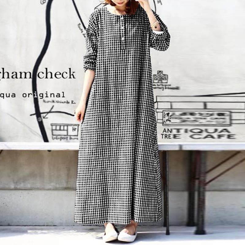 ZANZEA Women Grid Printed Button Front Long Sleeve Long Dress 2XL black