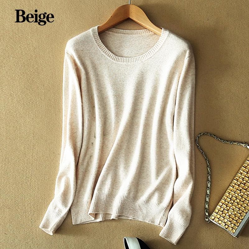 Women's Cozy Knitted Pullover Cashmere Sweater Crew Neck Fuzzy Slim Fit Red Black Wool L beige