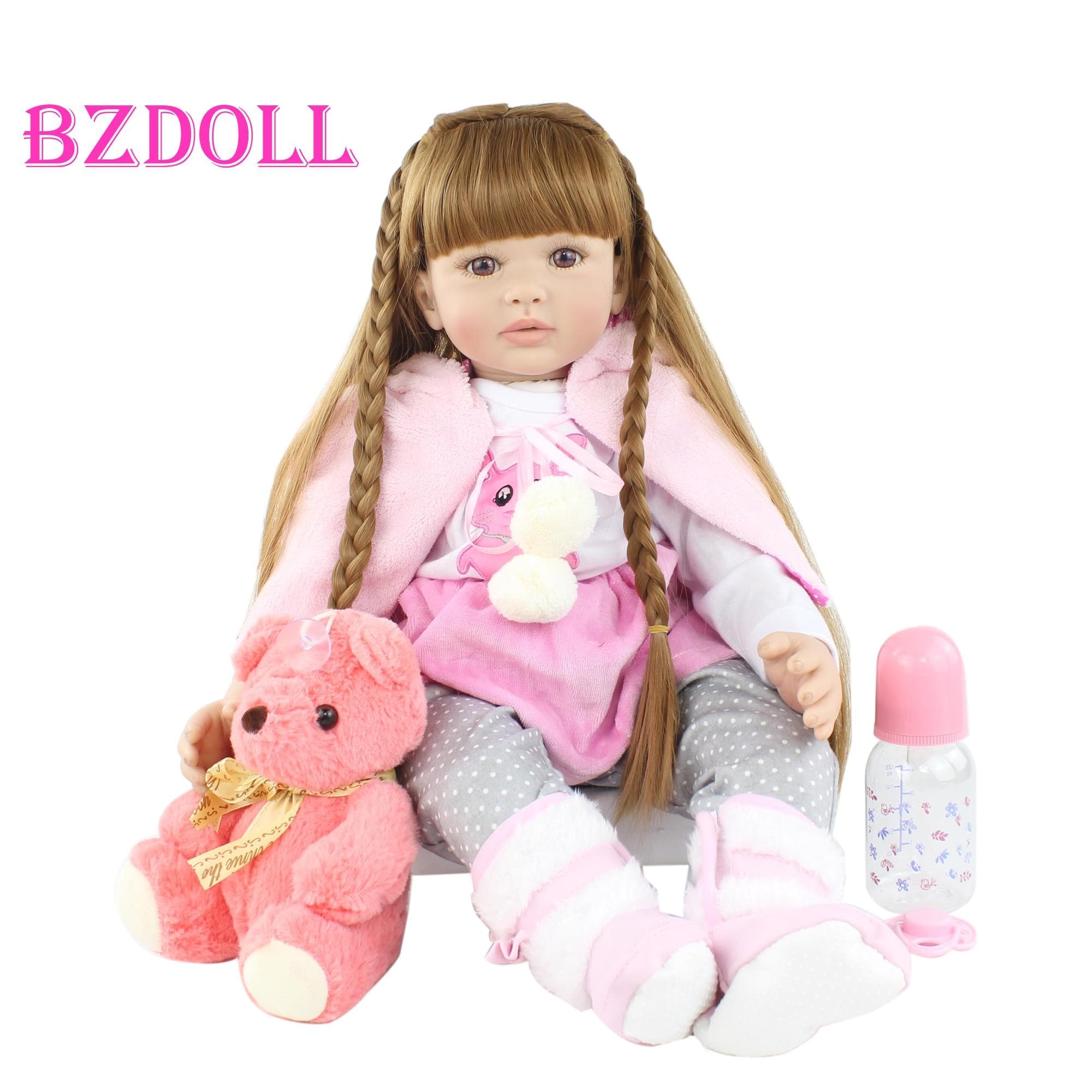 BZDOLL 60 CM Soft Silicone Reborn Doll For Girl Long Hair Princess Toddler Babies Toys Boneca Birthday Christmas Gift Brinquedos Brown eyes, 60cm doll brown
