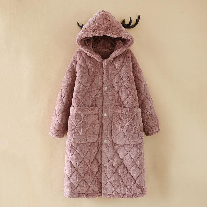 Cotton-Padded Coral Fleece Sleepwear Pijamas Plus Size Home Wear Flannel Pajamas Set Winter Thickened Hooded Long Robe Female 2XL