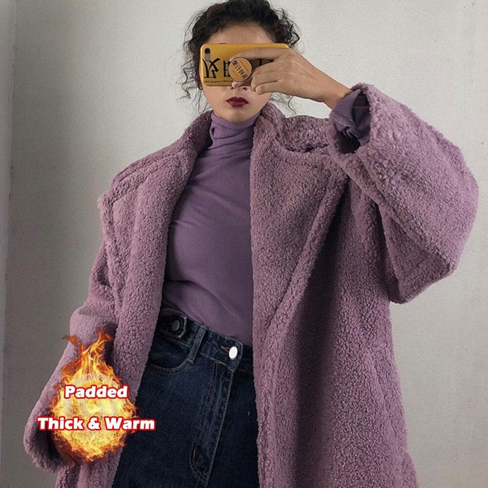 Long Teddy Bear Jacket Coat Women Winter Thick Warm Oversized Chunky Outerwear Overcoat Women Faux Lambswool Fur Coats S