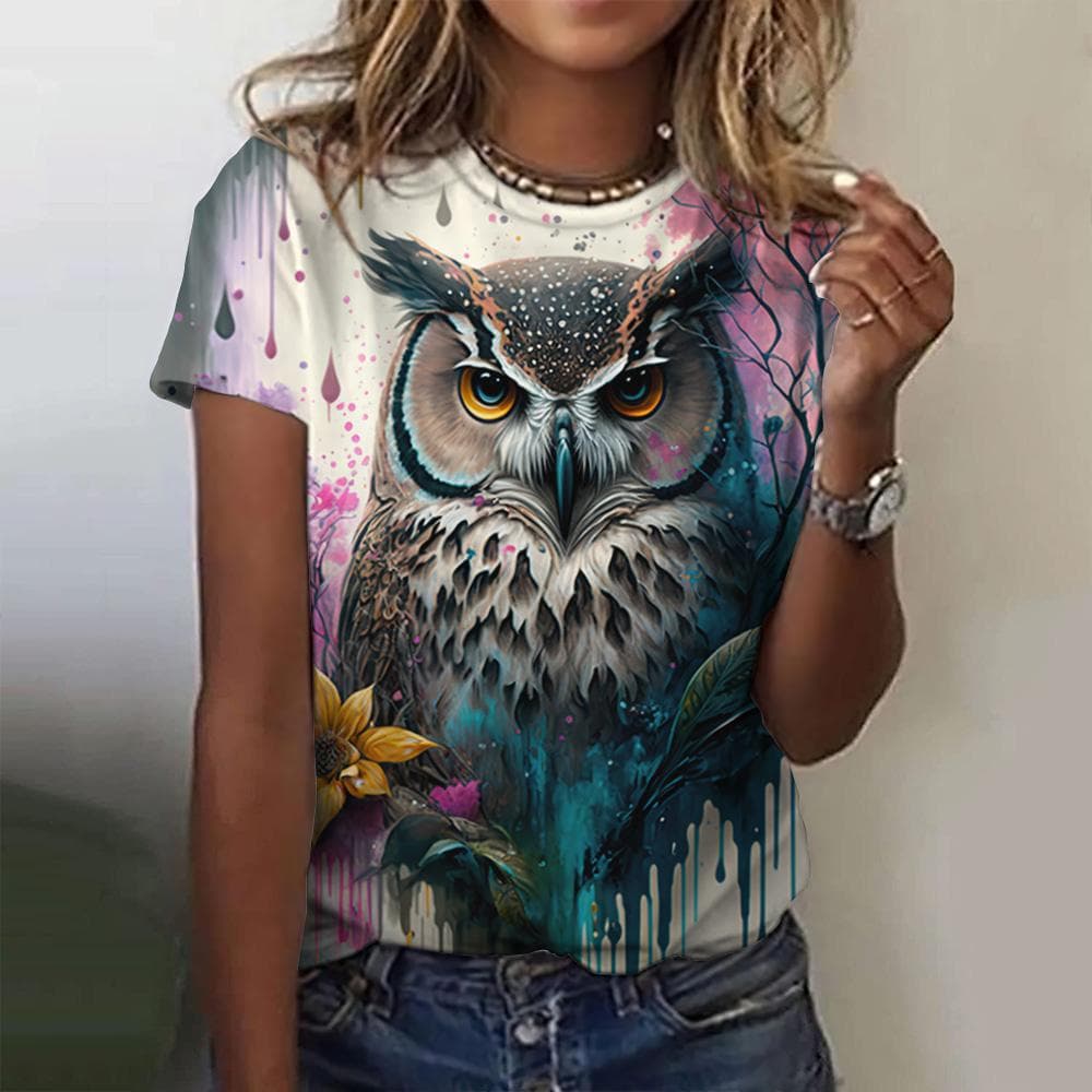 Vintage Animals Print Women's T Shirts Summer Fashion Short Sleeve Top 3d Owl Print Oversized Female Clothing Ladies Holiday Tee 3XL