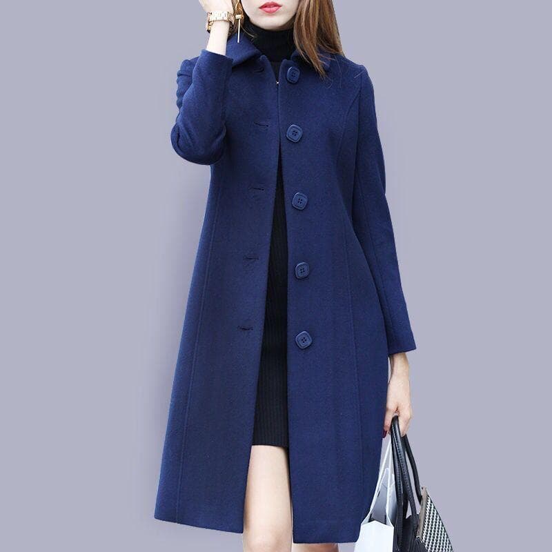 Fashion Ladies Wool Coat Autumn Winter Mid-Length Single-Breasted Slim Blended Woolen Overcoat Red Blue Black Women Jacket L navy blue