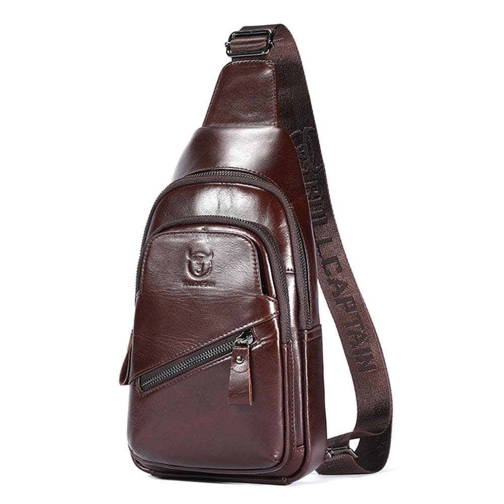 Genuine Leather Sling Bag Men Retro Shoulder Bag Multi-pocket Chest Bag with USB Charging Port coffee