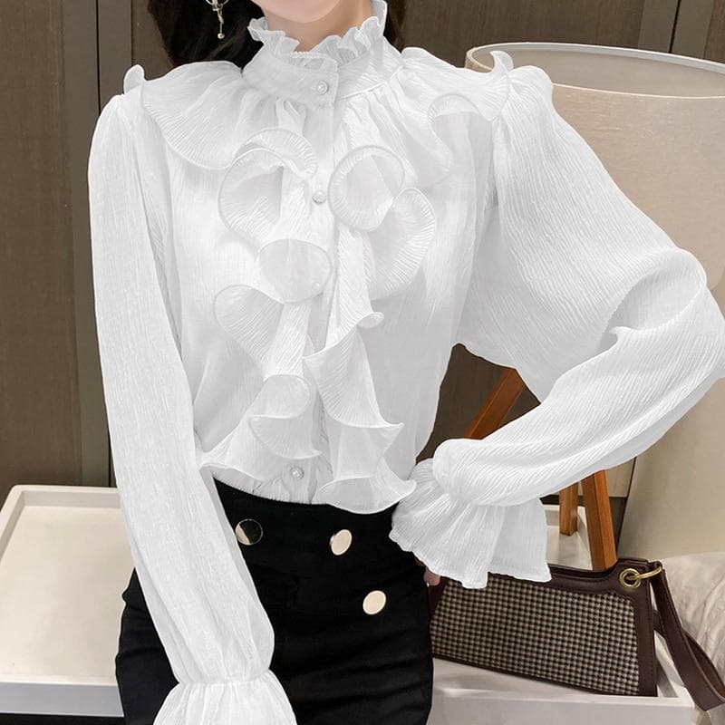 Ruffles Lace Women Blouse Elegant White Woman Shirt Stand Collar Button Chiffon Shirts Long Puff Sleeve Fashion Loose Tops 12946 L white