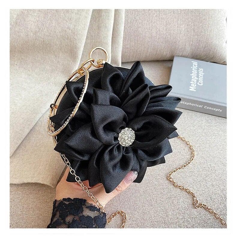 Red Flower Clutch Purse Women Round Evening Bag Crystal Diamond Wedding Silk Handbag Exquisite Chain Shoulder Bags black
