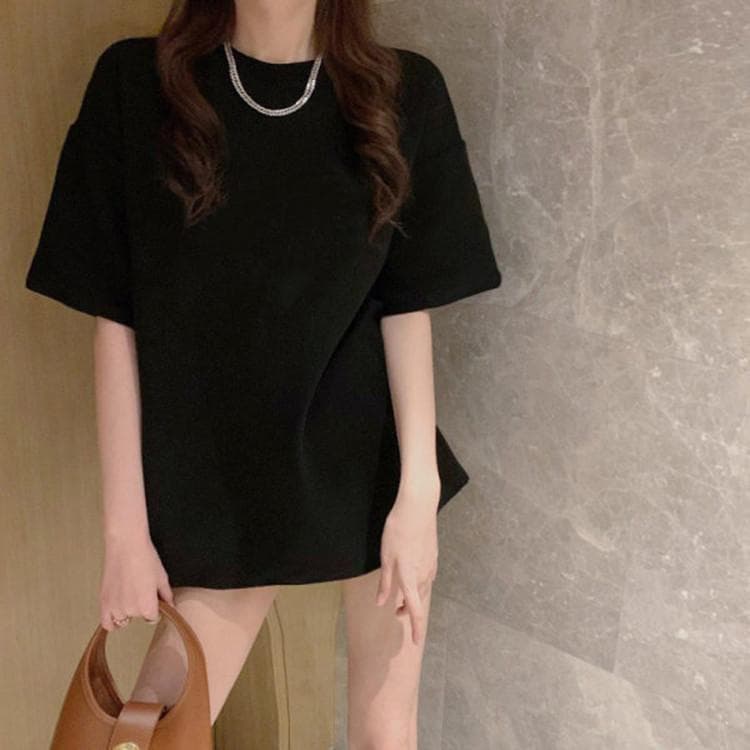 Smiley Face Medium and Long Short-sleeved White T-shirt Women's Spring and Summer Versatile Inner Cotton Loose Bottoming Shirt Top XXXL
