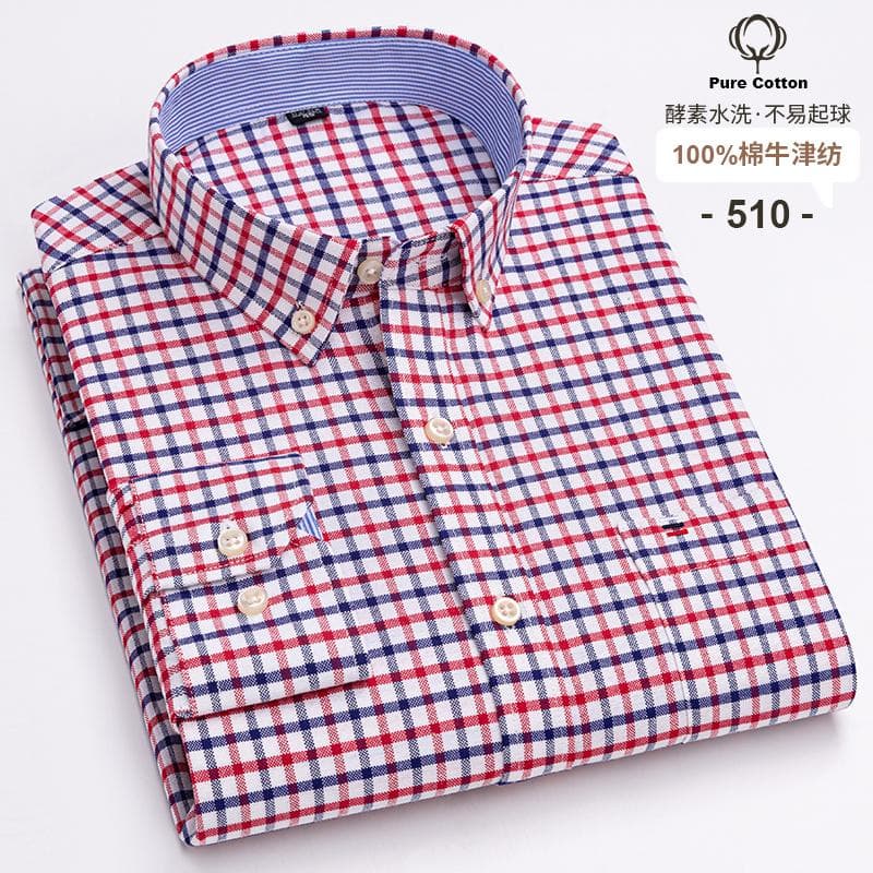100% Cotton Oxford Men's Shirts Long Sleeves Plaid Soft Regular Fit Formal Dress Shirt Pocket Social Blouse Male Clothes S-7XL M