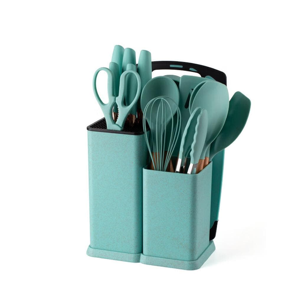 19 Pcs Kitchen Utensils Set Wood Handle Silicone Cooking Utensils Set with Holder Food-Grade green