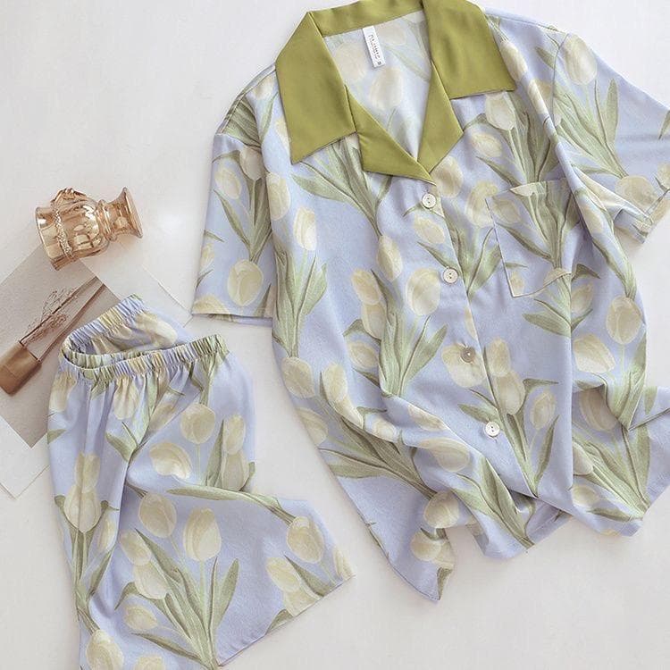 Women's Summer Pajama Shorts Set Casual Women's Short Sleeve Top and Shorts Home Clothes Flower Stain Pajama Set M