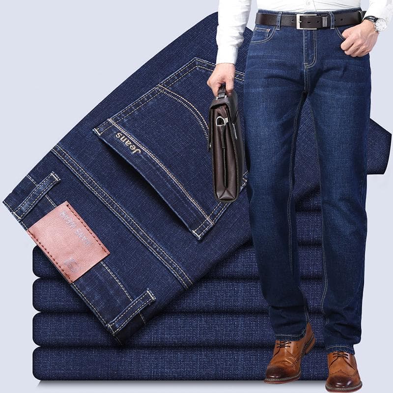 Men's High Waist Stretch Denim One-Piece: Comfortable, Loose-Fit, Straight-Leg Business Pants for Middle-Aged Men 28 dark blue
