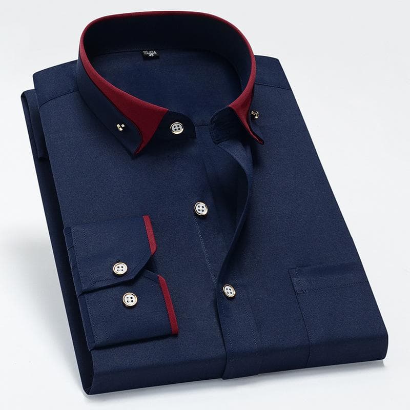 Spring Autumn Men's Contrast Collar Elastic Long Sleeve Shirt Business Leisure Comfortable Non Iron Shirt Youth Solid Color Top 42 navy blue