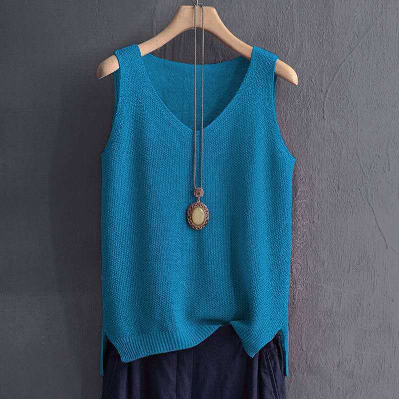 Spring V-neck Vest Female Student Knitted Sweater Waistcoat Vest Plus Size M blue