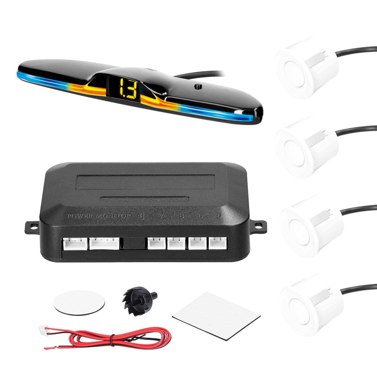 Car Parking Sensor Rear Reversing Radars System with 4 Parking Sensors Distance Detection LED Light white