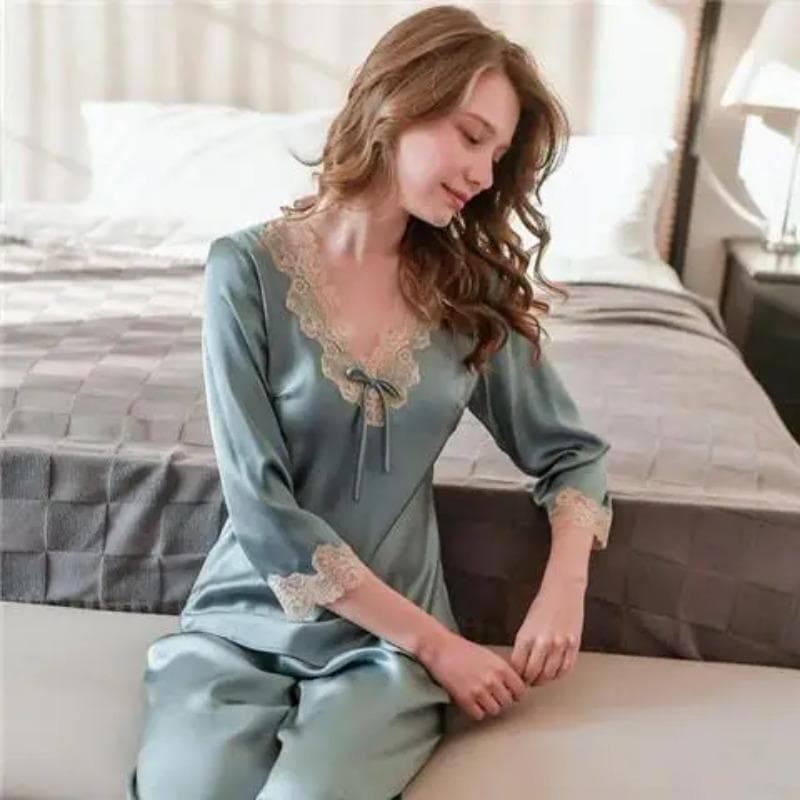 Women's Silk Pajamas Lace Tops Long Pants Pajama Set Two Piece Lounge Wear Sexy V Neck Pajamas for Women 4XL