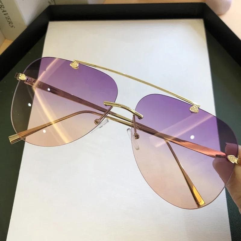 Vintage Rimless Alloy Aviation Pilot Sunglasses for Men Women Gradient Lens Metal Oval Shades Black Brown 1PC