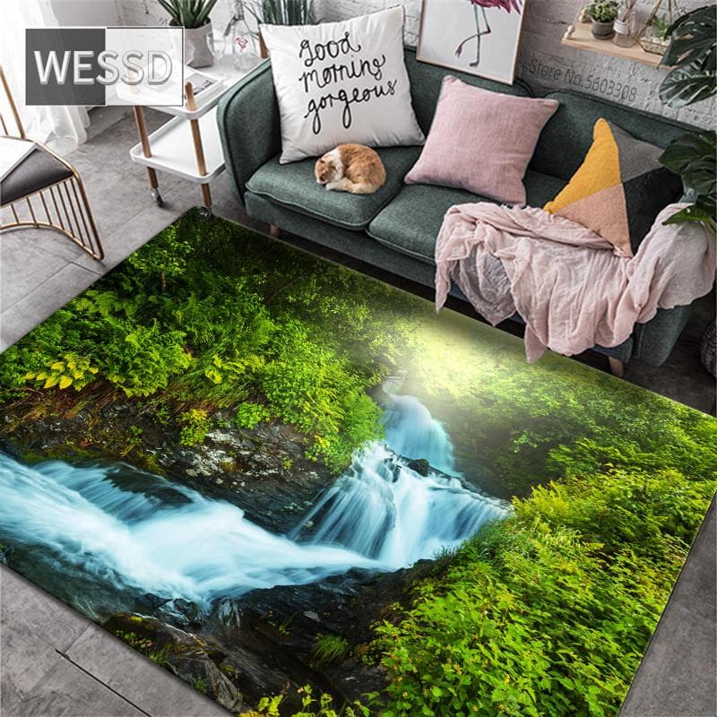 Landscape Pattern Living Room Carpet Large 3D Waterfall Coffee Table Mat Anti-slip Sponge Lounge Rug Decorative Mat For Floor 60x90cm 1pcs