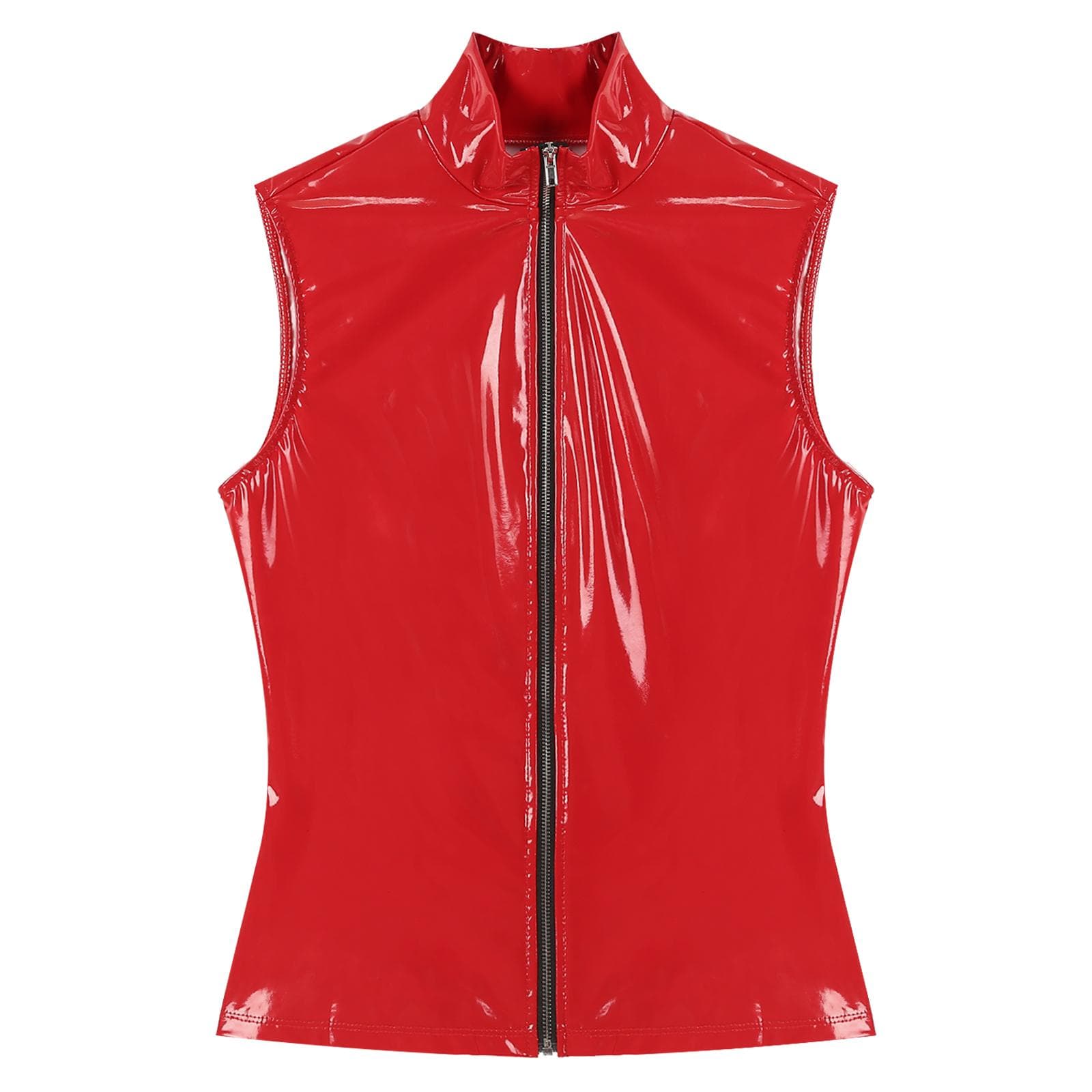 Mens Sleek Zipper Vest Patent Leather Stand Collar Sleeveless Jacket Clubwear Night Out Tops L red