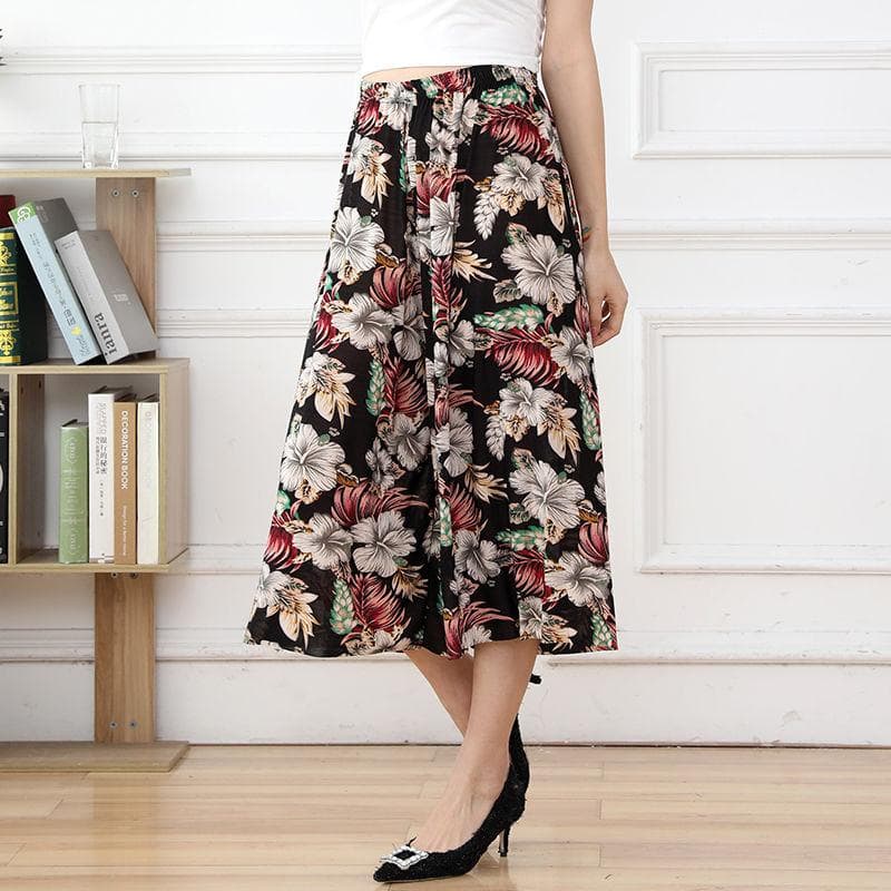 Women Summer Big Size High Waist Wide Leg Casual Culottes Loose Elastic Waist Floral Printed Thin Cropped Pants One Size