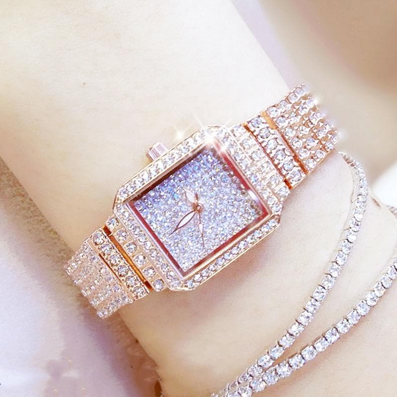 Full Diamond Quartz Women Silver Watches Luxury Brand Crystal Square Female Wristwatch Rhinestone Ladies Clock watch&Bracelet rose gold