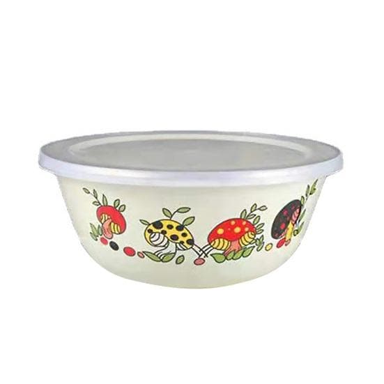 Clear Pattern Enamel Bowl with Lid Nostalgic Chinese Style Salad Bowls for Dinner 20 cm Mushroom