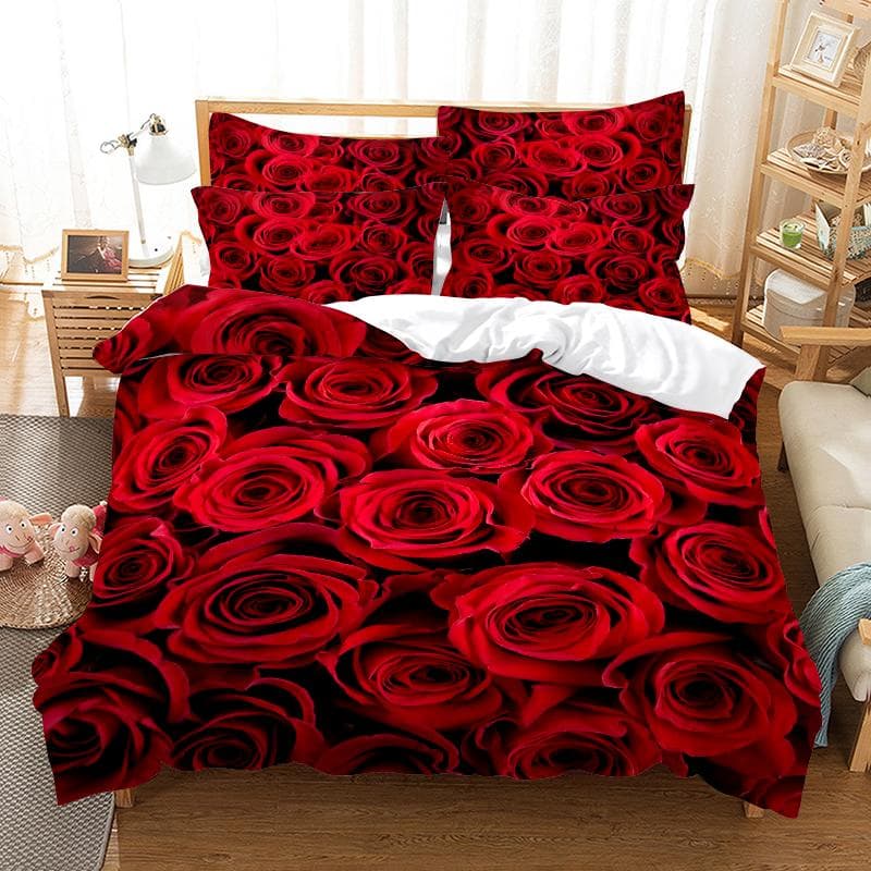 Red rose bed linen set duvet cover 3D bed linen digital printing bed bed linen queen size bed linen set fashion design EU single(135x200cm)