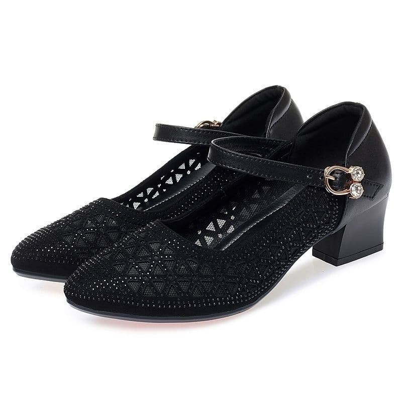 Women's Rhinestone Single Pumps Shoes Ladies Elegant Mesh Hollow Breathable Soft Sole Thick Medium Heel Sandals Loafers 40 black