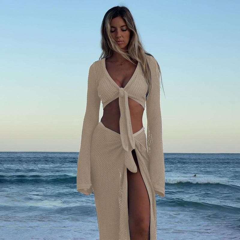 Hollow Long-sleeved Knitted Two-piece Short Top Beach and Seaside Sexy Strap Skirt Suit L beige