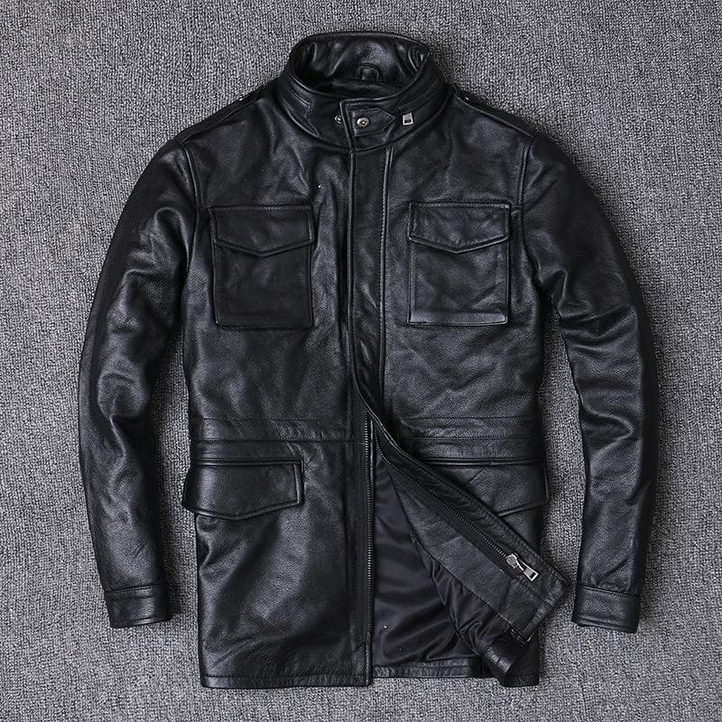 Genuine Leather Jacket for Men, First-layer Cowhide Jacket, Leather Windbreaker, Mid-length Motorcycle Leather Coat 6XL black