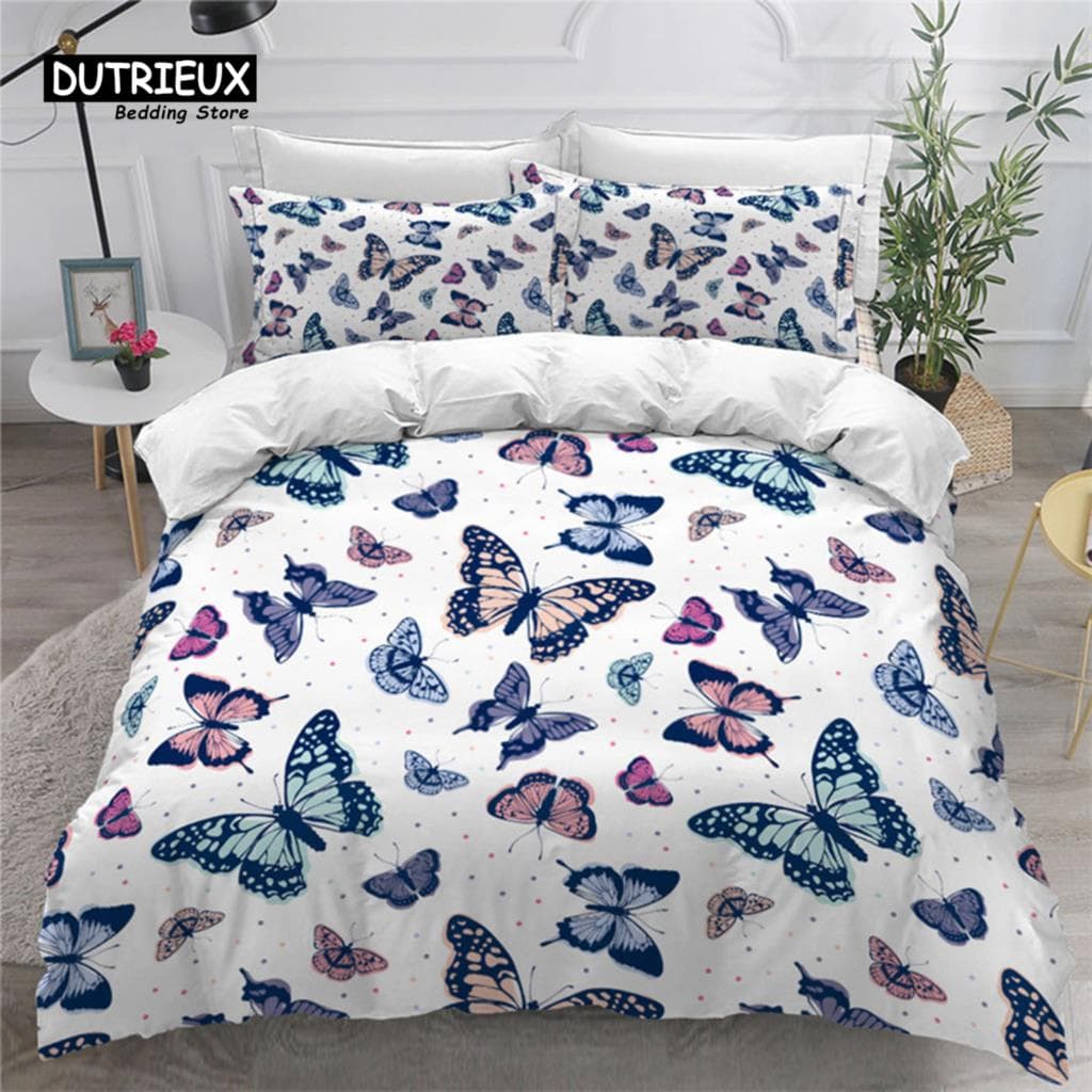 Colorful Butterfly And Floral Duvet Cover Set King Size Butterflies Theme Bedding Set For Kids Girls Comforter Cover Pillowcases EU SK(260x220cm)