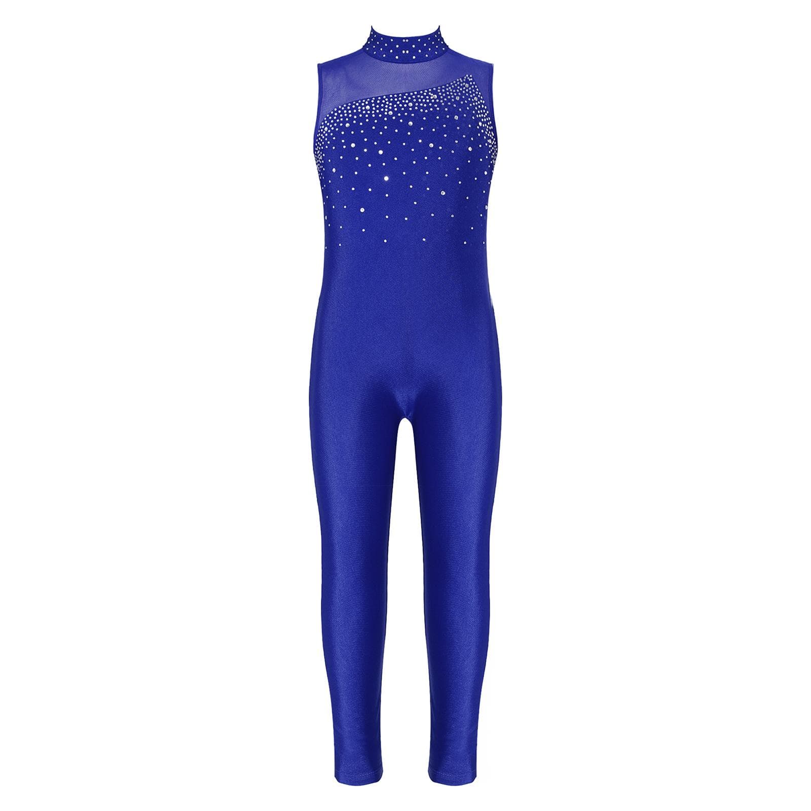 Kids Girls Sleeveless Rhinestone Leotard Round Neck Ice Skating Gymnastics Unitard Dress 10-12 Years royal blue