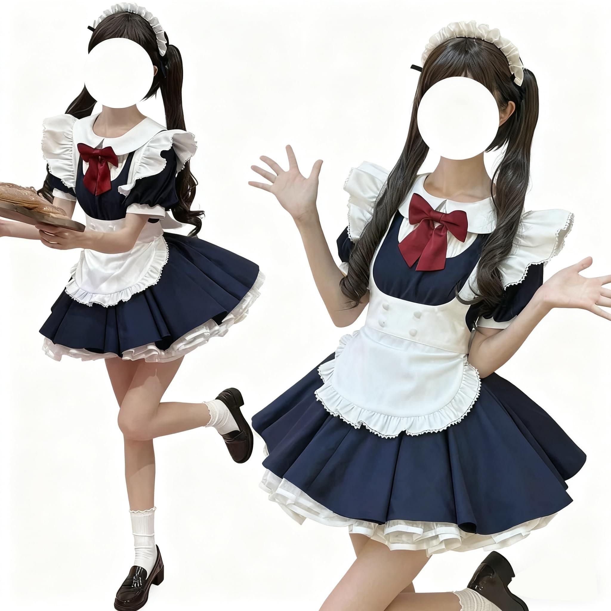 Maid Outfit Full Set with Tights Cute Lolita Anime Alice Moe Lace Idol Gothic Maid Cafe Navy 3XL [AOTYP] - Uniform, Dress, Costume, Lolita, Women's