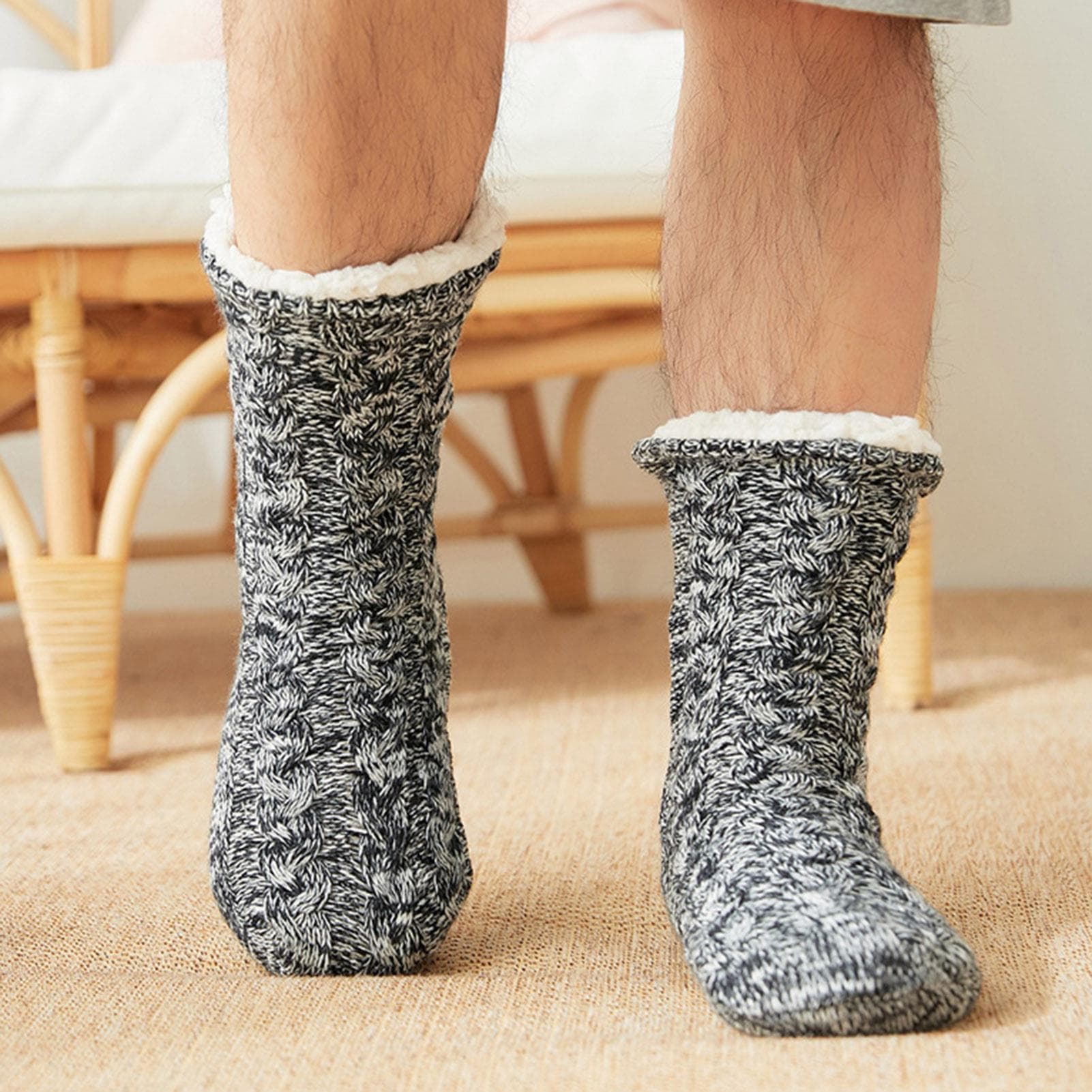 Men Winter Socks Plush Thick Warm Soft Non-Slip Mid-Calf Home Floor Socks Hosiery one size light grey