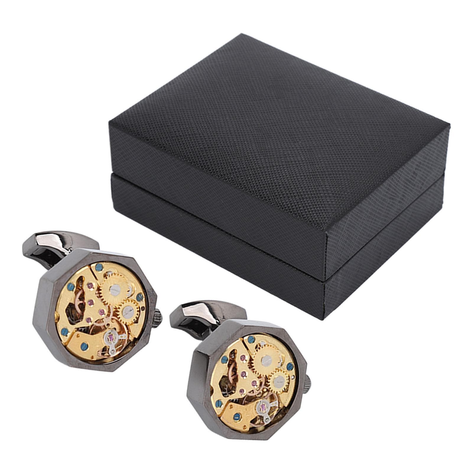2Pcs Mens Cufflinks Watch Movement Design Silver Black Fadeless Brass Polished Surface Cuff Links